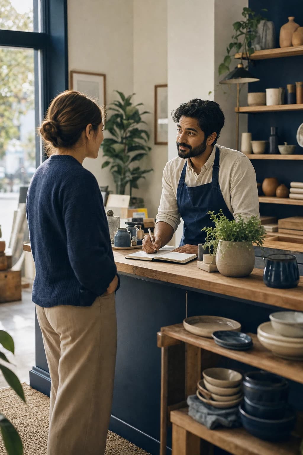 Small-business owner having a focused conversation with a customer