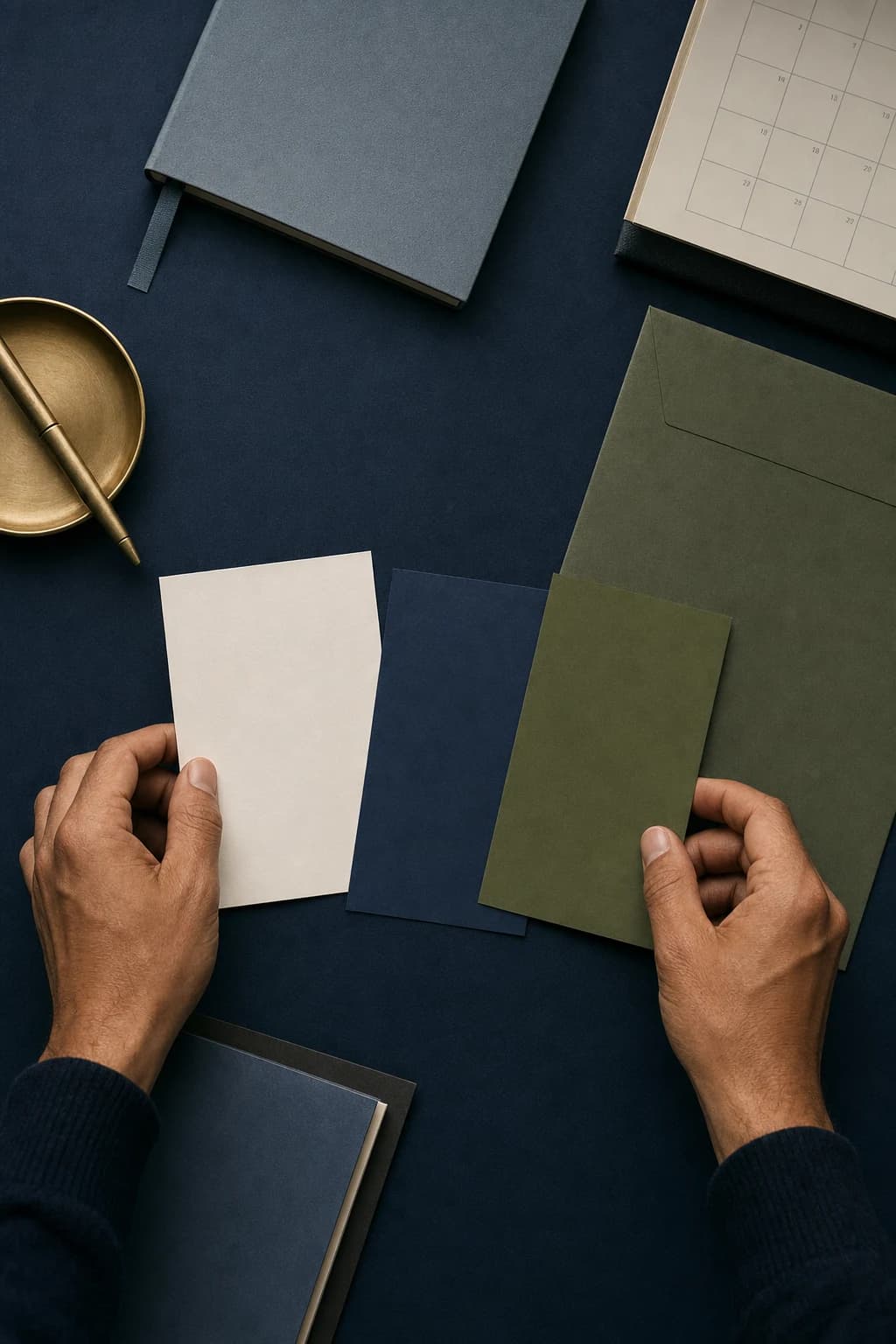 Hands arranging notes and a pen on a navy desk