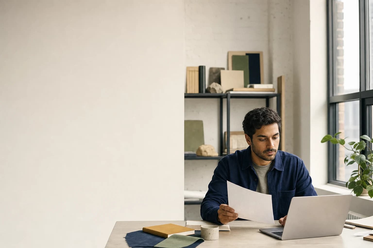 Small-business owner reviewing a sales plan at a clean desk